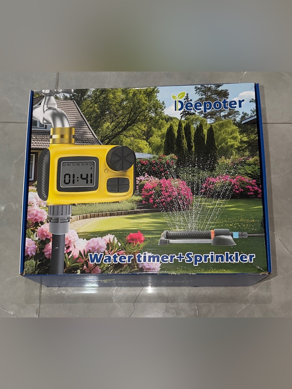 Beepoter irrigation kit with digital timer, sprinkler, and hose
